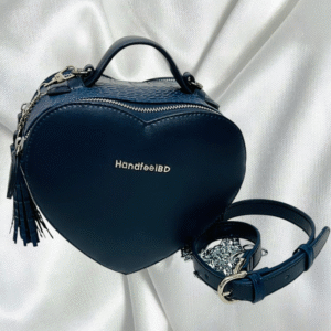 Navy Blue Heart-Shaped Leather Bag – Adjustable Strap, Coco Print Accent & Premium Finish