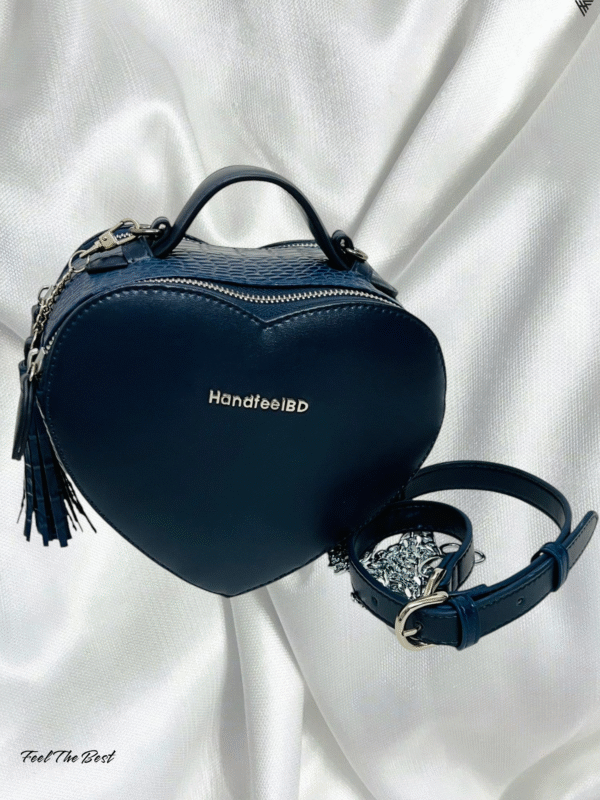 Navy Blue Heart-Shaped Leather Bag – Adjustable Strap, Coco Print Accent & Premium Finish